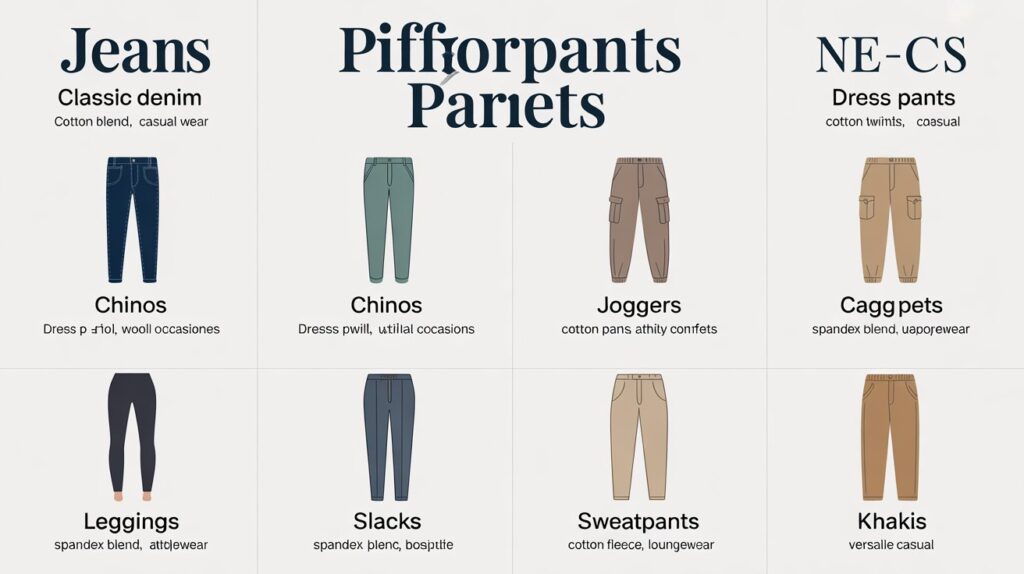 Infographic showing jeans, chinos, joggers, leggings, slacks, sweatpants, cargo pants, and khakis — types of pants explained for beginners in a simple visual guide