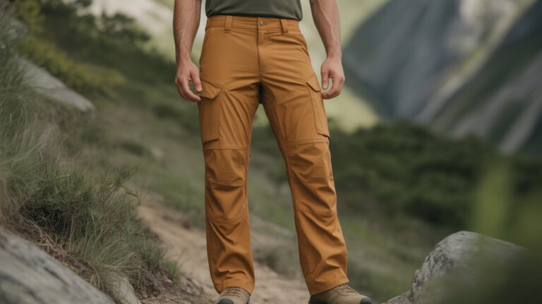 Man wearing the best ripstop pants for men with cargo pockets and durable fabric in a mountain hiking setting