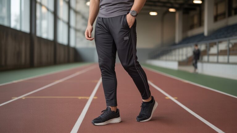 Man wearing the Best track pants for Men while walking on an indoor running track, showcasing stylish and comfortable athletic wear