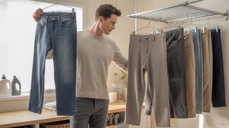 Man comparing jeans with other trousers on a rack to understand how to buy pants online correctly by checking styles and fit before purchasing.