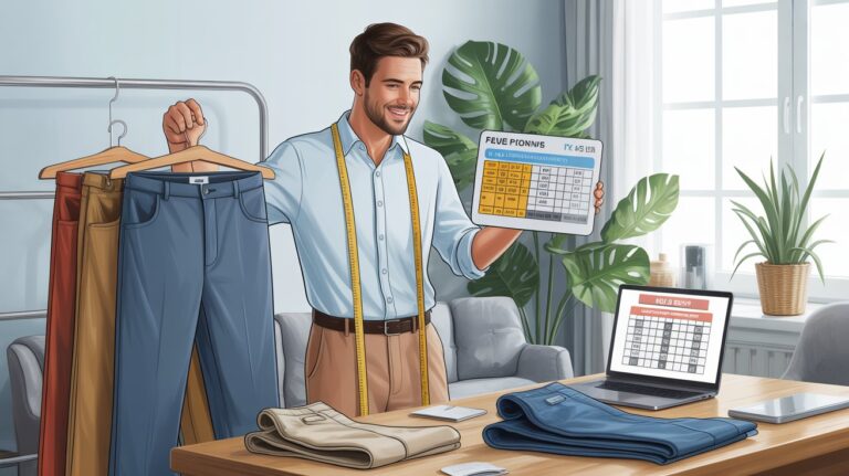 Fashion expert explaining sizing and measurements, demonstrating how to buy pants online correctly using a pants size chart and fit guide.