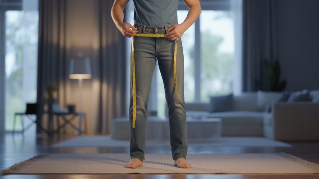 Man using measuring tape on jeans demonstrating How to measure pants waist at home for accurate sizing and better fit.