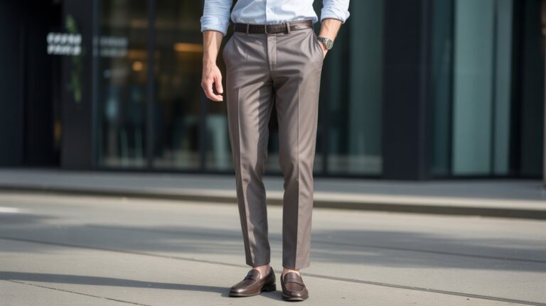 Man wearing tailored dress trousers showcasing the Best Crease Front Pants for Men with sharp front creases and a sleek modern fit.