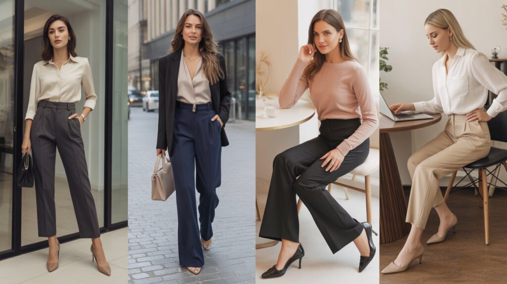 Professional women wearing the Best dress pants for Women in tailored office outfits featuring elegant blouses, blazers, and stylish business-casual trousers.