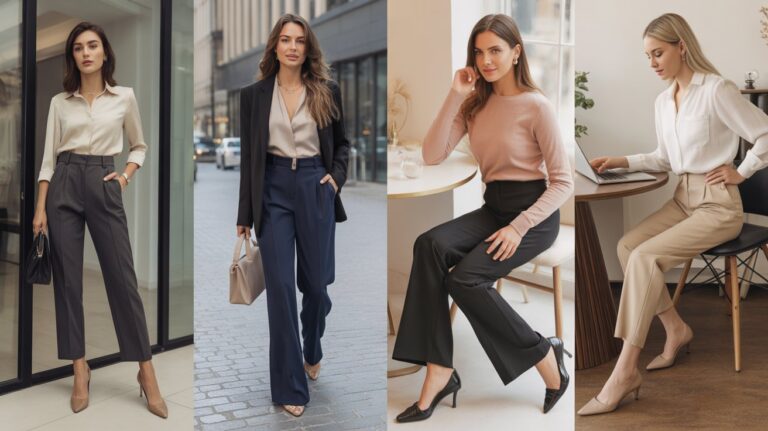 Professional women wearing the Best dress pants for Women in tailored office outfits featuring elegant blouses, blazers, and stylish business-casual trousers.