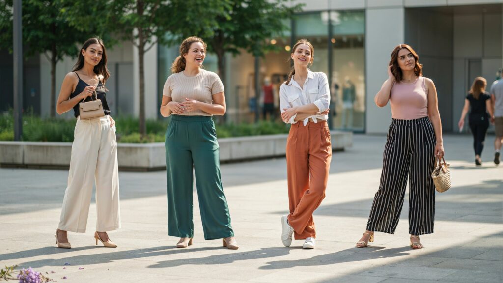Women wearing stylish wide-leg trousers showcasing the Best Palazzo Pants for Women in different colors and fashionable designs.