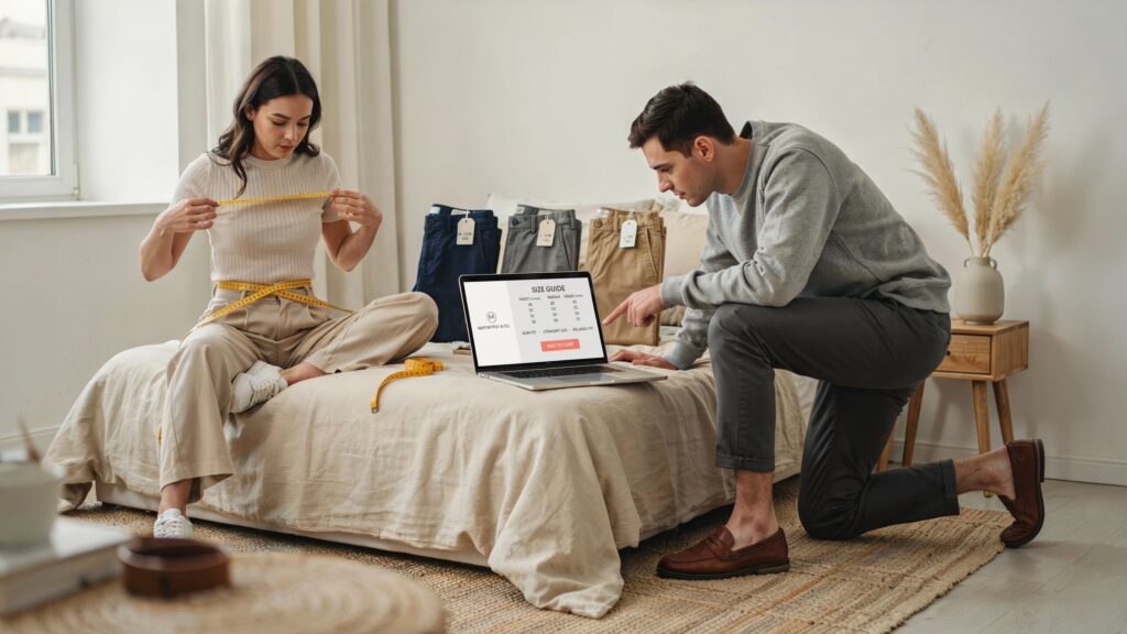 Woman measuring her waist and comparing measurements with an online size chart, demonstrating How to Find the Right Pants Size When Shopping Online for a comfortable and accurate fit.