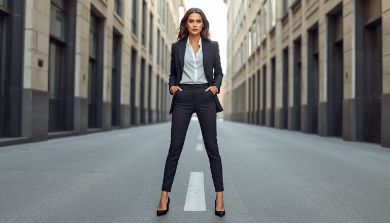 Best Slim Fit Chinos for Women styled with a black blazer, white blouse, and heels for a modern business casual look.