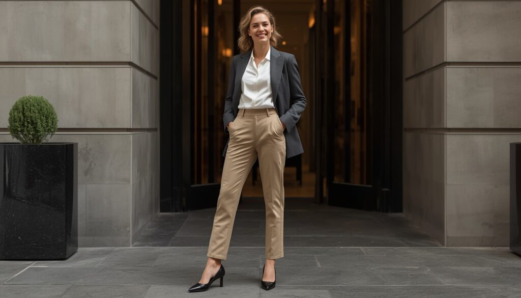 Best Straight Leg Chinos for Women styled with a gray blazer, white blouse, and black heels for a sophisticated business casual office outfit.