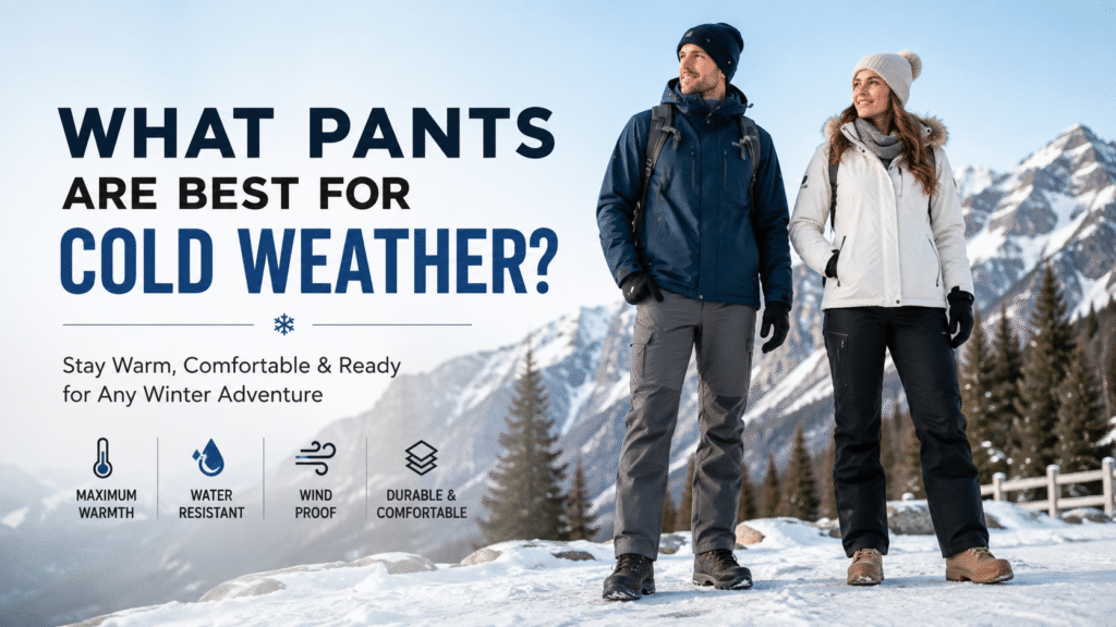 Couple wearing insulated winter pants in snowy mountains, demonstrating What pants are best for cold weather with warm, windproof, and water-resistant outdoor clothing.