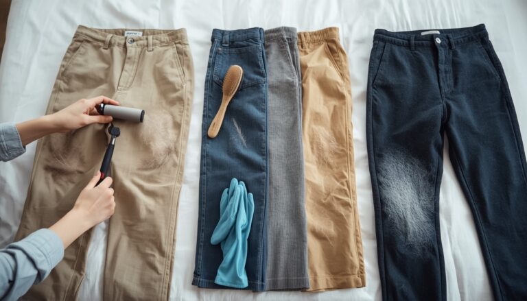 How to remove pet hair from pants using a lint roller and clothing brush to clean different fabrics.