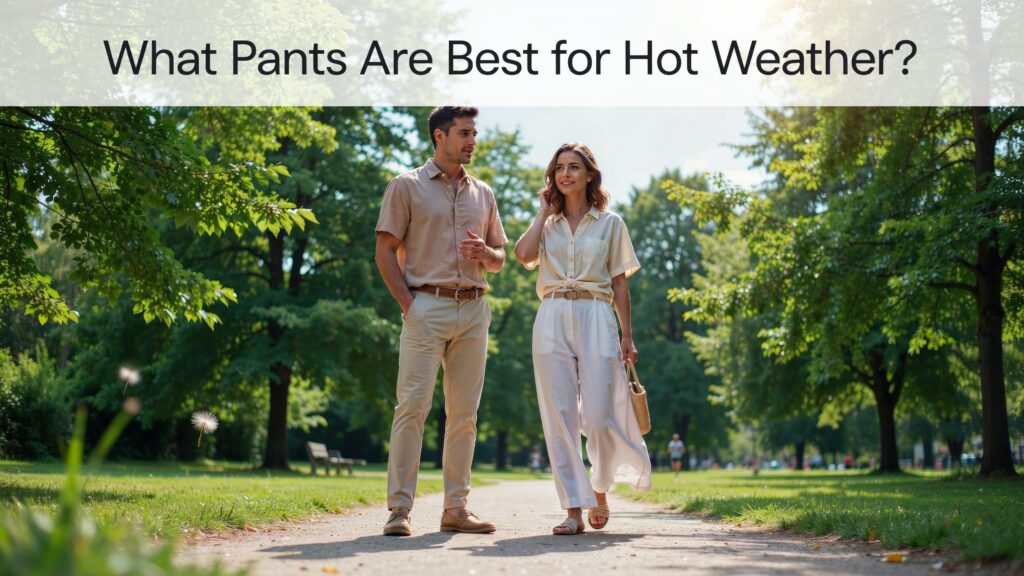 What pants are best for hot weather shown with men and women wearing lightweight linen and cotton pants for breathable comfort on a warm summer day.