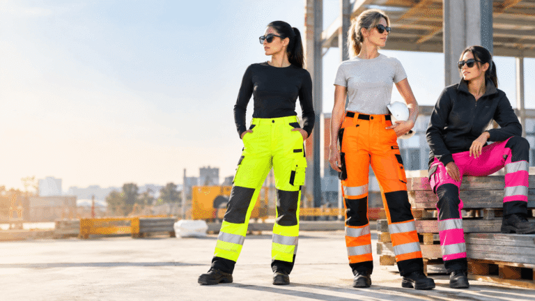 Women wearing the Best Hi-Vis Pants for Women with reflective safety bands at a construction site.