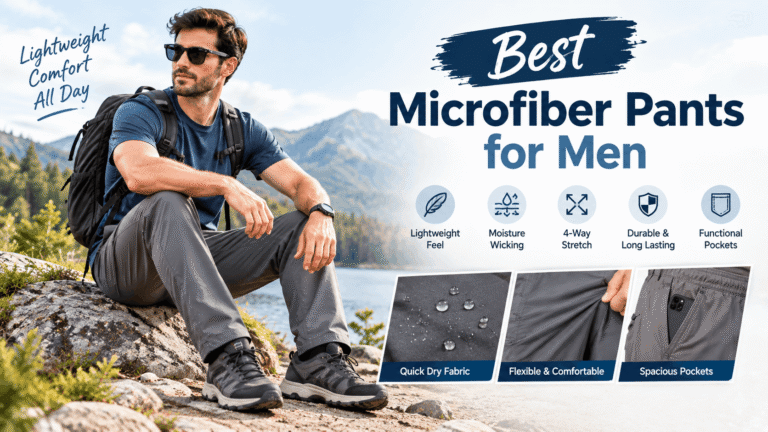 A man wearing the Best Microfiber Pants for Men on a scenic outdoor hike, showing lightweight comfort, stretch, and functional pockets.