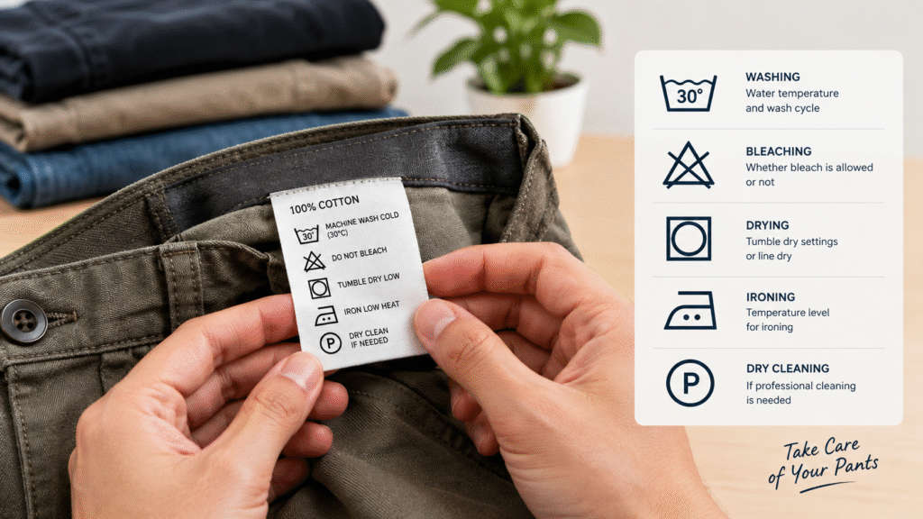 How to Read Pants Care Labels by understanding washing, drying, ironing, and dry-cleaning symbols