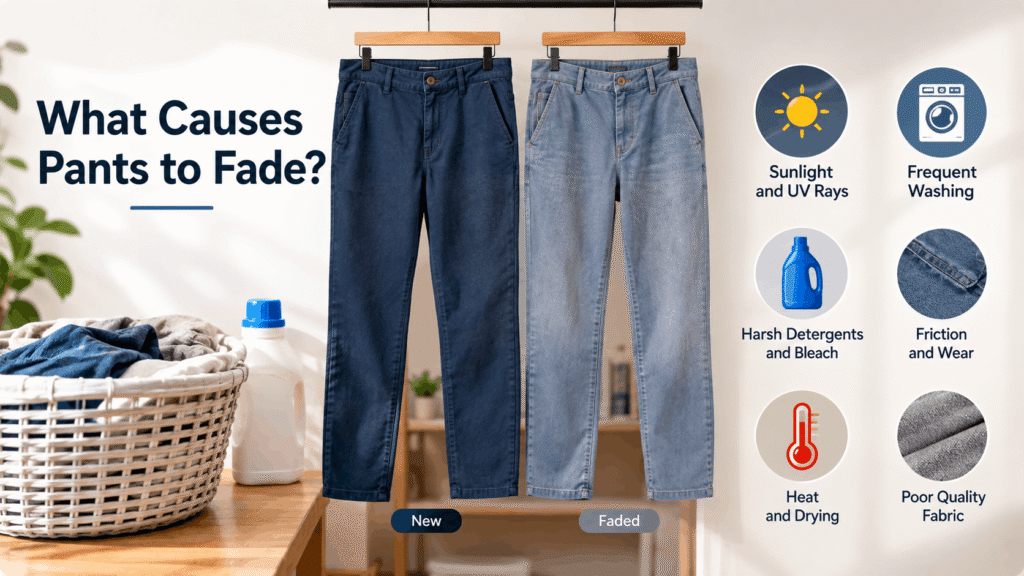 What causes pants to fade from sunlight, frequent washing, harsh detergents, friction, and heat.