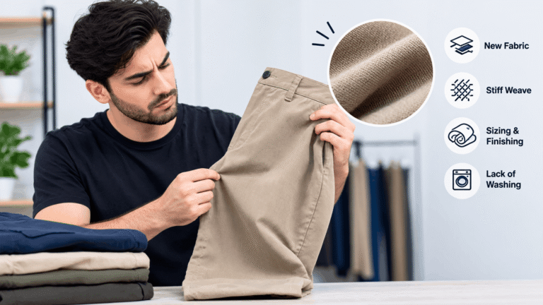 Why do new pants feel stiff due to fabric weave and finishing treatments