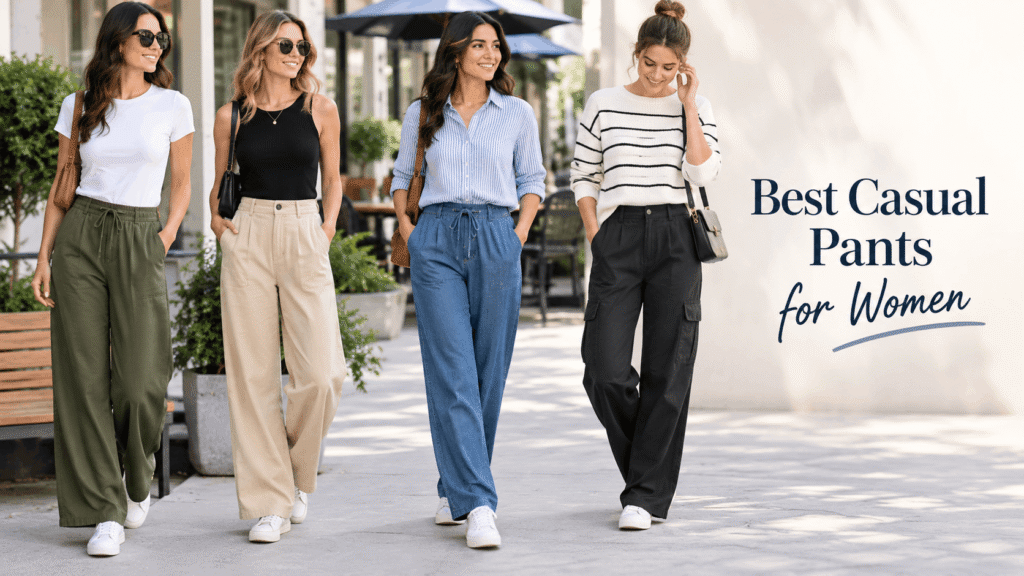 Women wearing the best casual pants for women in different styles for everyday wear.