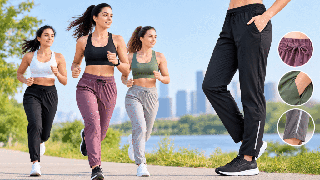 Women wearing the Best Running Pants for Women while jogging outdoors in comfortable, flexible styles.