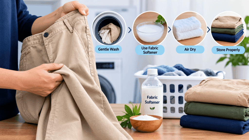 How to make cotton pants softer with gentle washing, fabric softener, air drying, and proper storage.