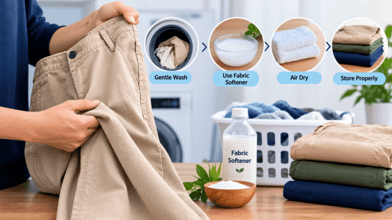 How to make cotton pants softer with gentle washing, fabric softener, air drying, and proper storage.
